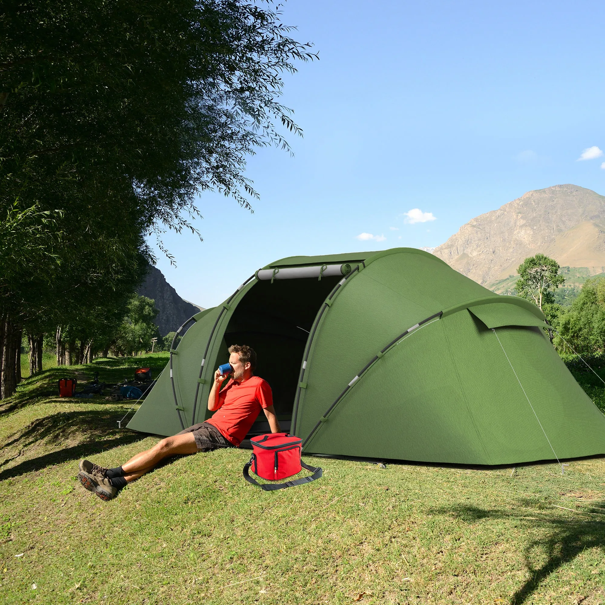 4-6 Man Camping Tent w/ Two Bedroom, Hiking Sun Shelter, UV Protection Tunnel Tent, Green