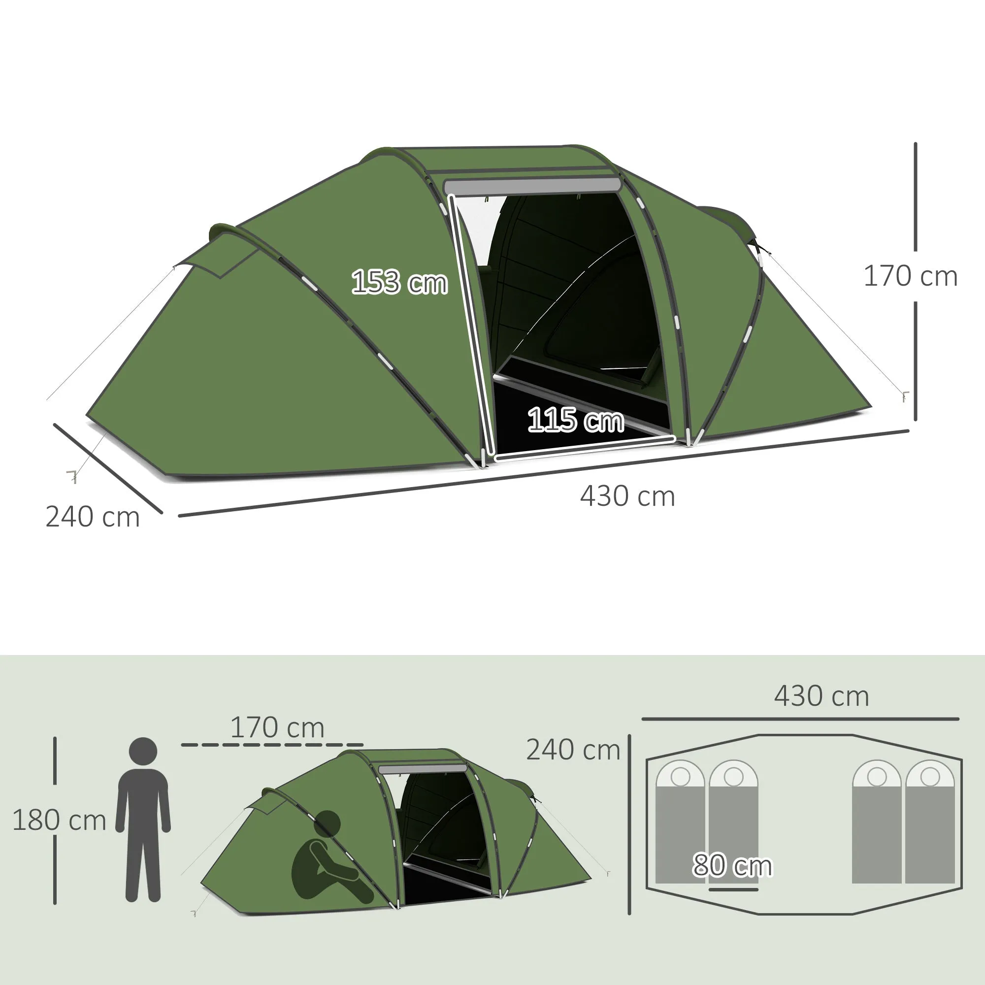 4-6 Man Camping Tent w/ Two Bedroom, Hiking Sun Shelter, UV Protection Tunnel Tent, Green