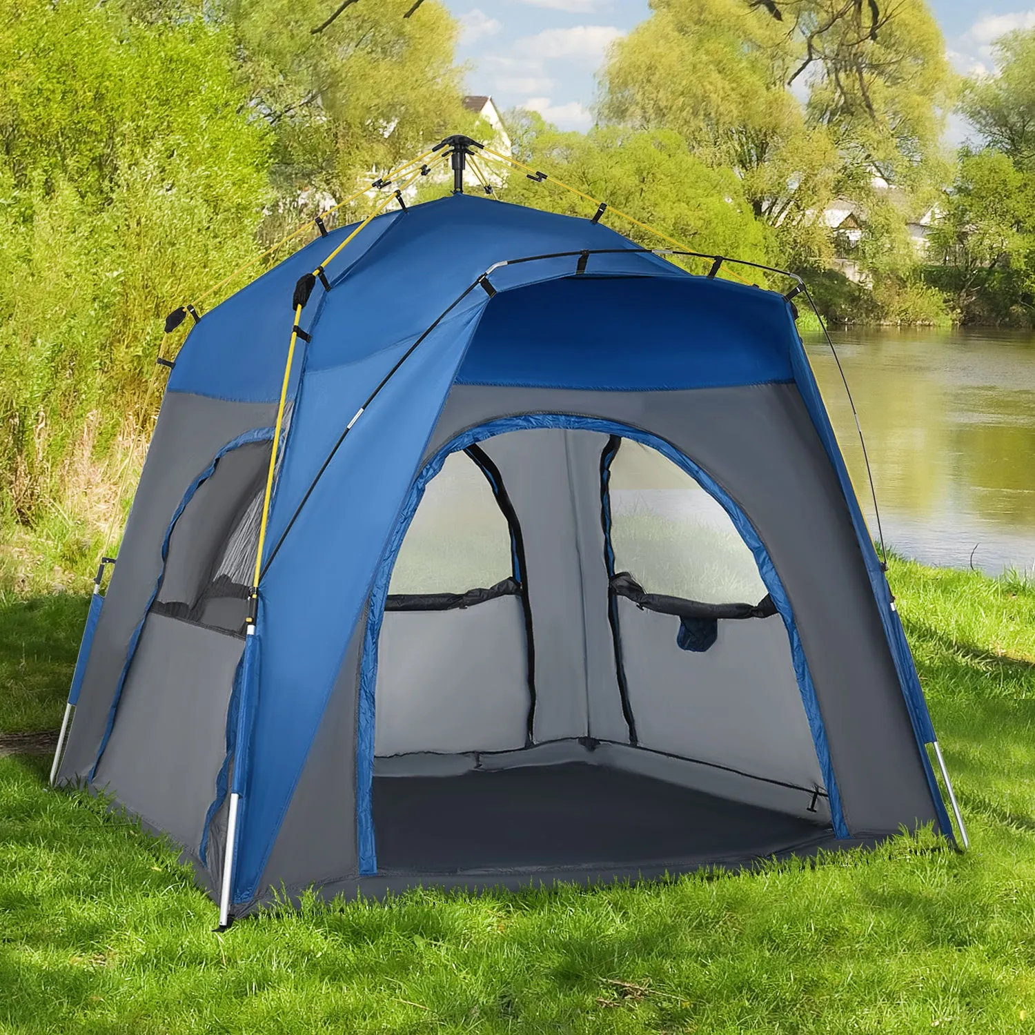 4 Person Automatic Camping Tent, Outdoor Pop Up Tent, Portable Backpacking Dome Shelter, Grey