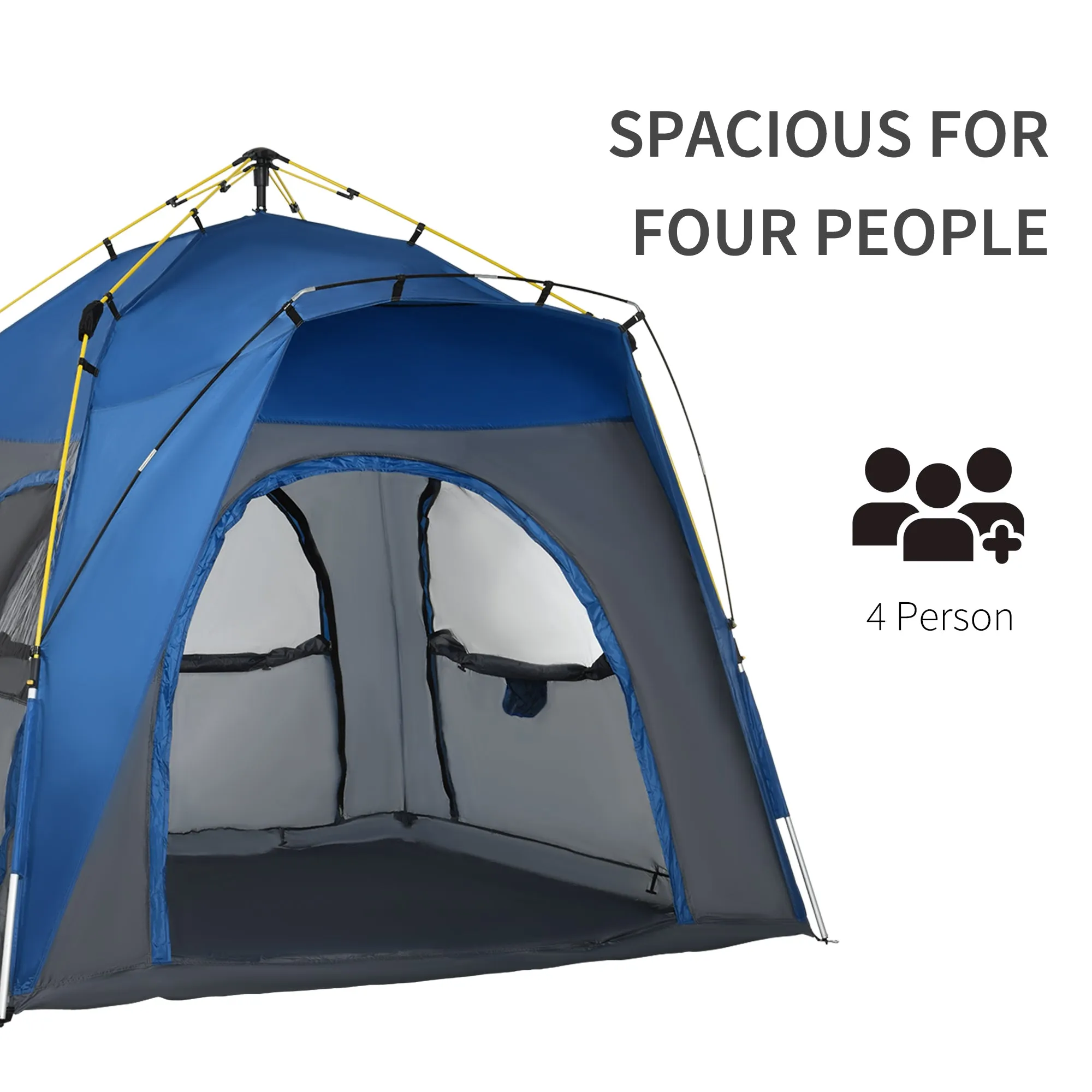 4 Person Automatic Camping Tent, Outdoor Pop Up Tent, Portable Backpacking Dome Shelter, Grey