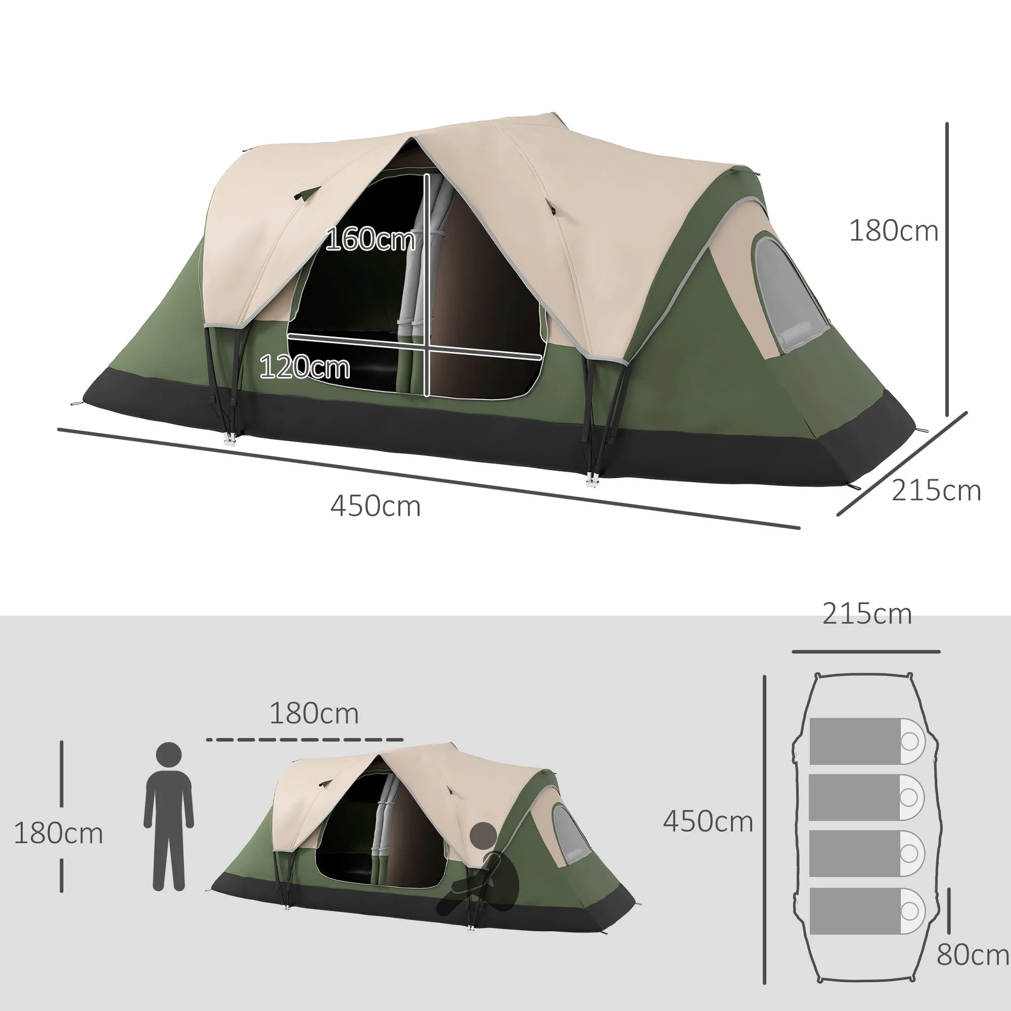 Camping Tent for 6-8 Man with 2000mm Waterproof Rainfly and Carry Bag for Fishing Hiking Festival, Green