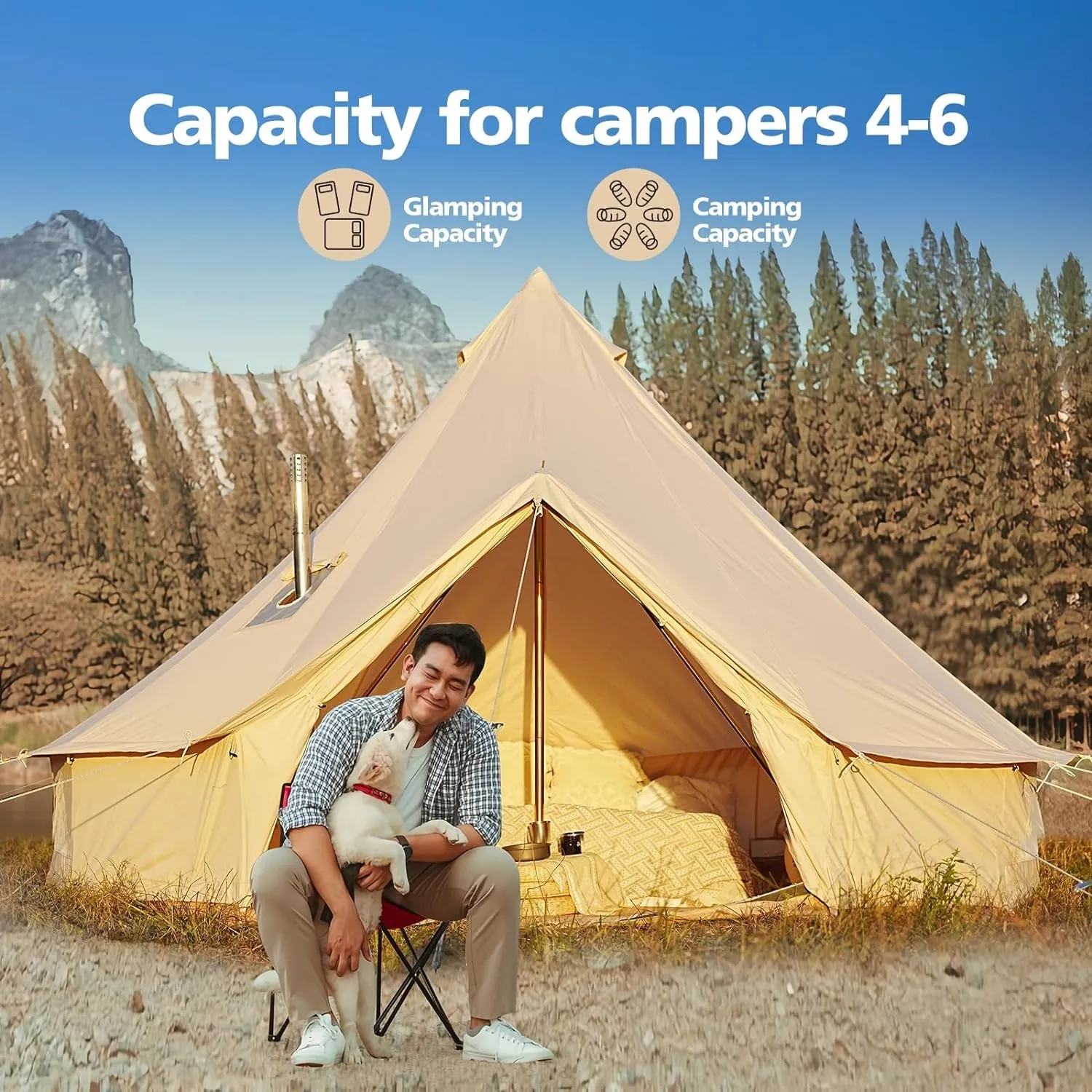 Canvas Bell Tent, Luxury Yurt Tent for Family Glamping, Waterproof and Breathable Cotton,4 Season Tent with Zipped Removable Floor (Fire Water Repellent, 13.1Ft(4M))