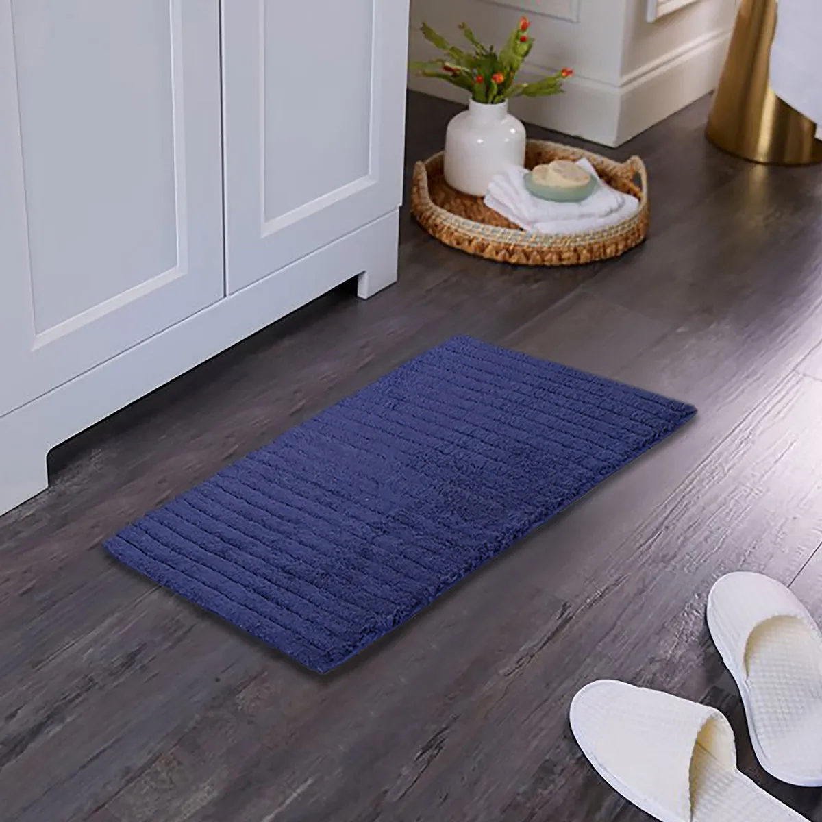 Corded Stripe Anti Skid Solid Navy Bath Mat