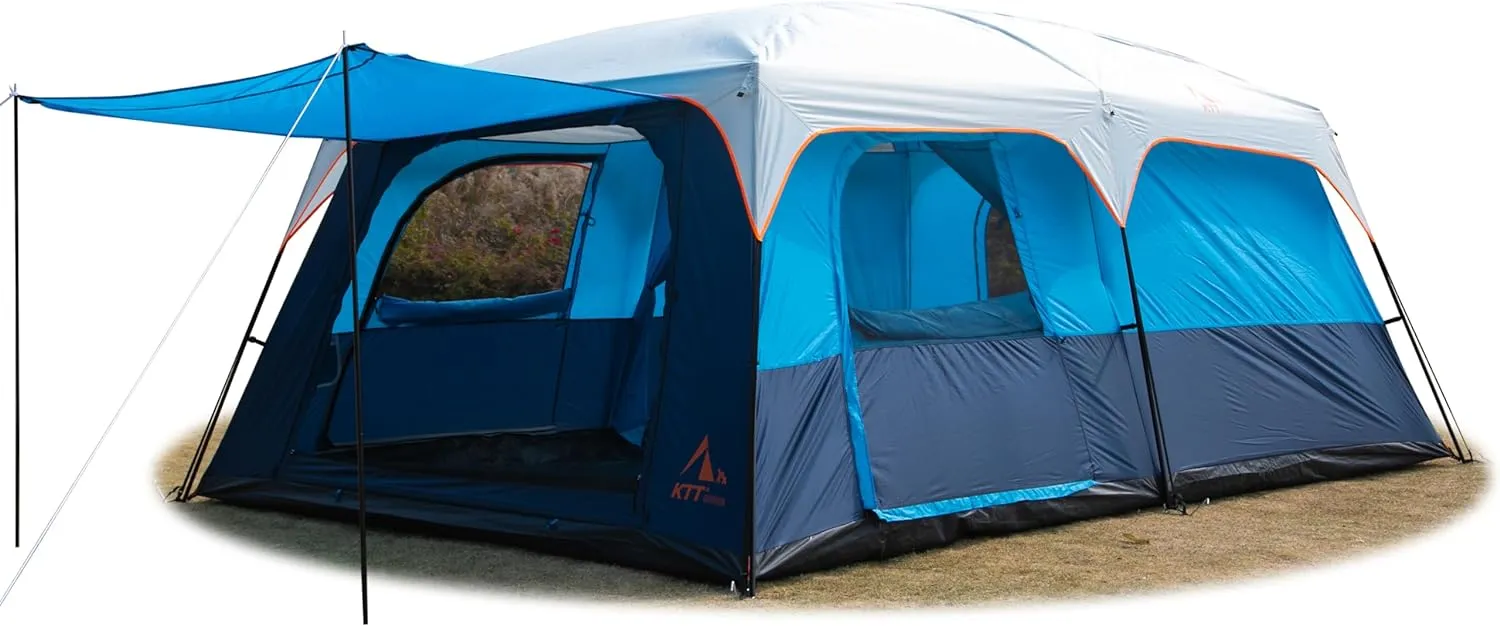 Extra Large Tent 10-12 Person Family Cabin Tents, 2 Rooms, Straight Wall, 3 Doors and 3 Windows with Mesh, Waterproof, Double Layer, Big Tent for Outdoors