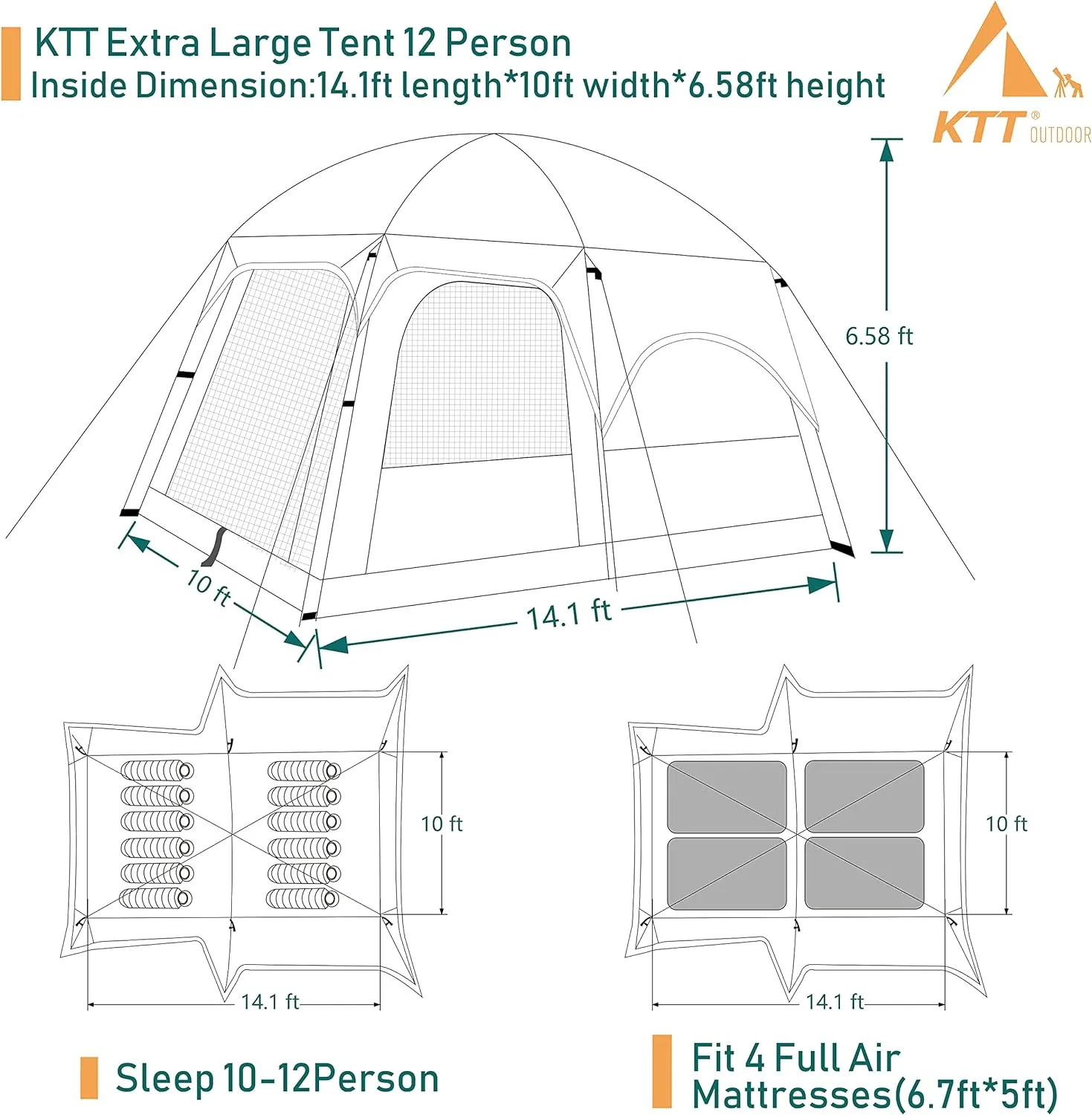 Extra Large Tent 10-12 Person Family Cabin Tents, 2 Rooms, Straight Wall, 3 Doors and 3 Windows with Mesh, Waterproof, Double Layer, Big Tent for Outdoors