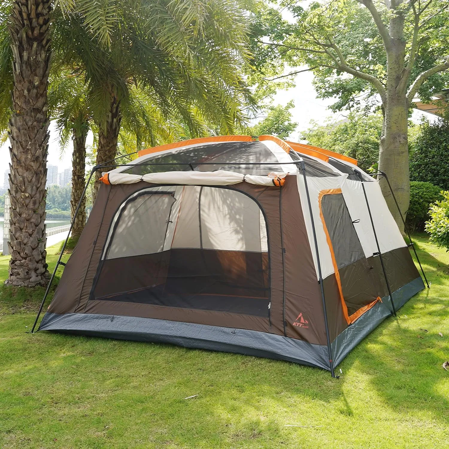 Extra Large Tent 10-12 Person Family Cabin Tents, 2 Rooms, Straight Wall, 3 Doors and 3 Windows with Mesh, Waterproof, Double Layer, Big Tent for Outdoors