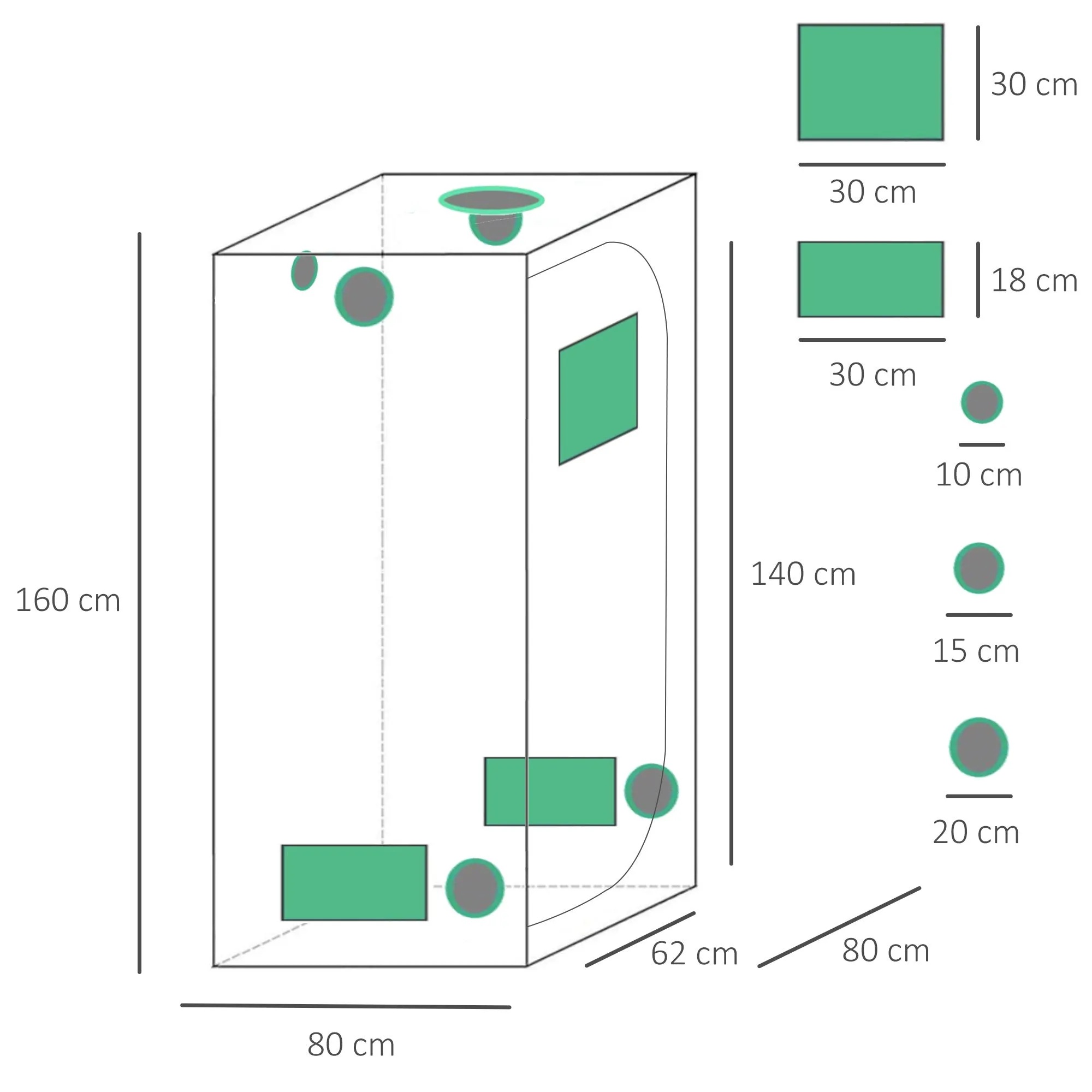 Hydroponic Plant Grow Tent, 80L x 80W x 160Hcm-Black/Green