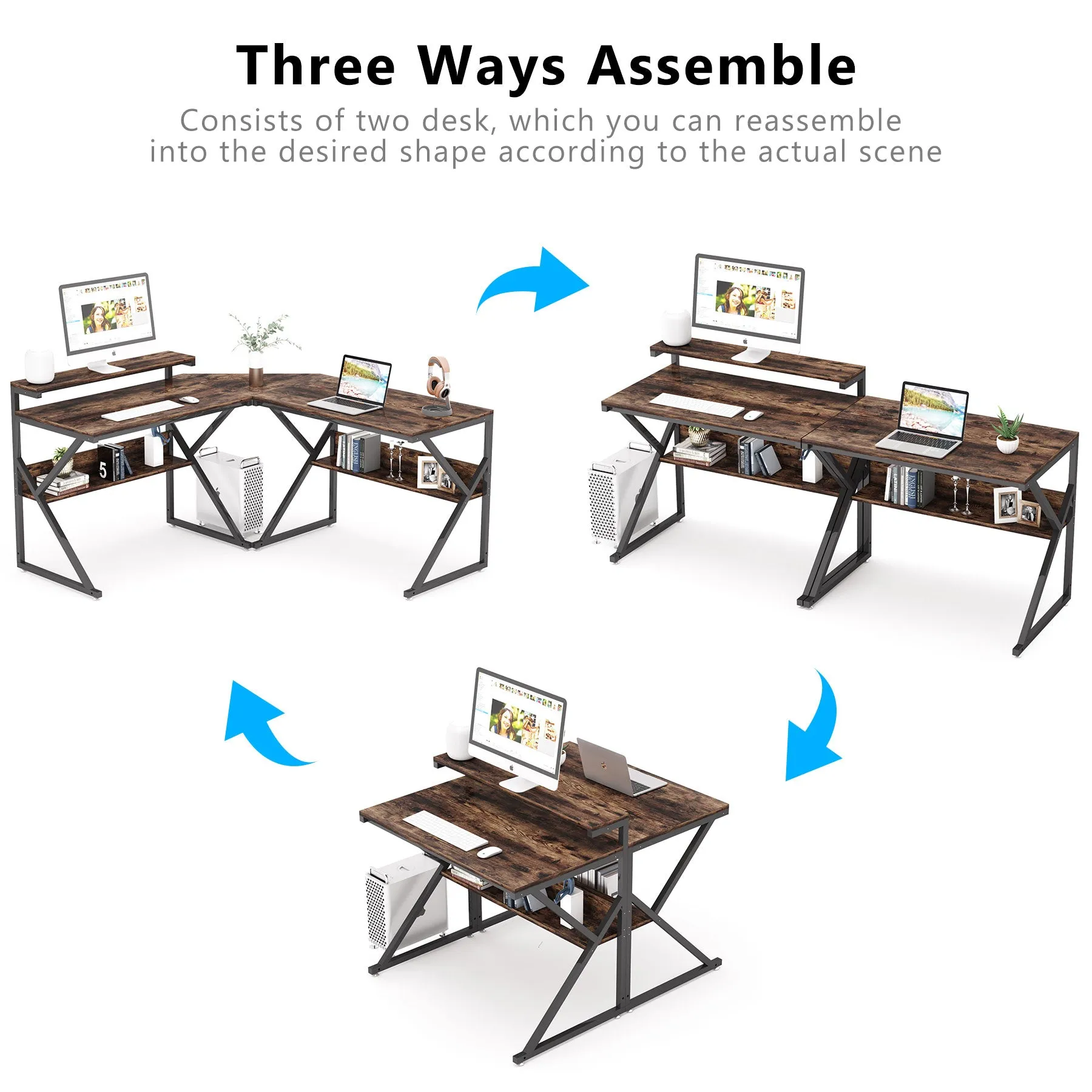 Industrial L-Shaped Desk, 63 inch Corner Computer Desk with Shelves