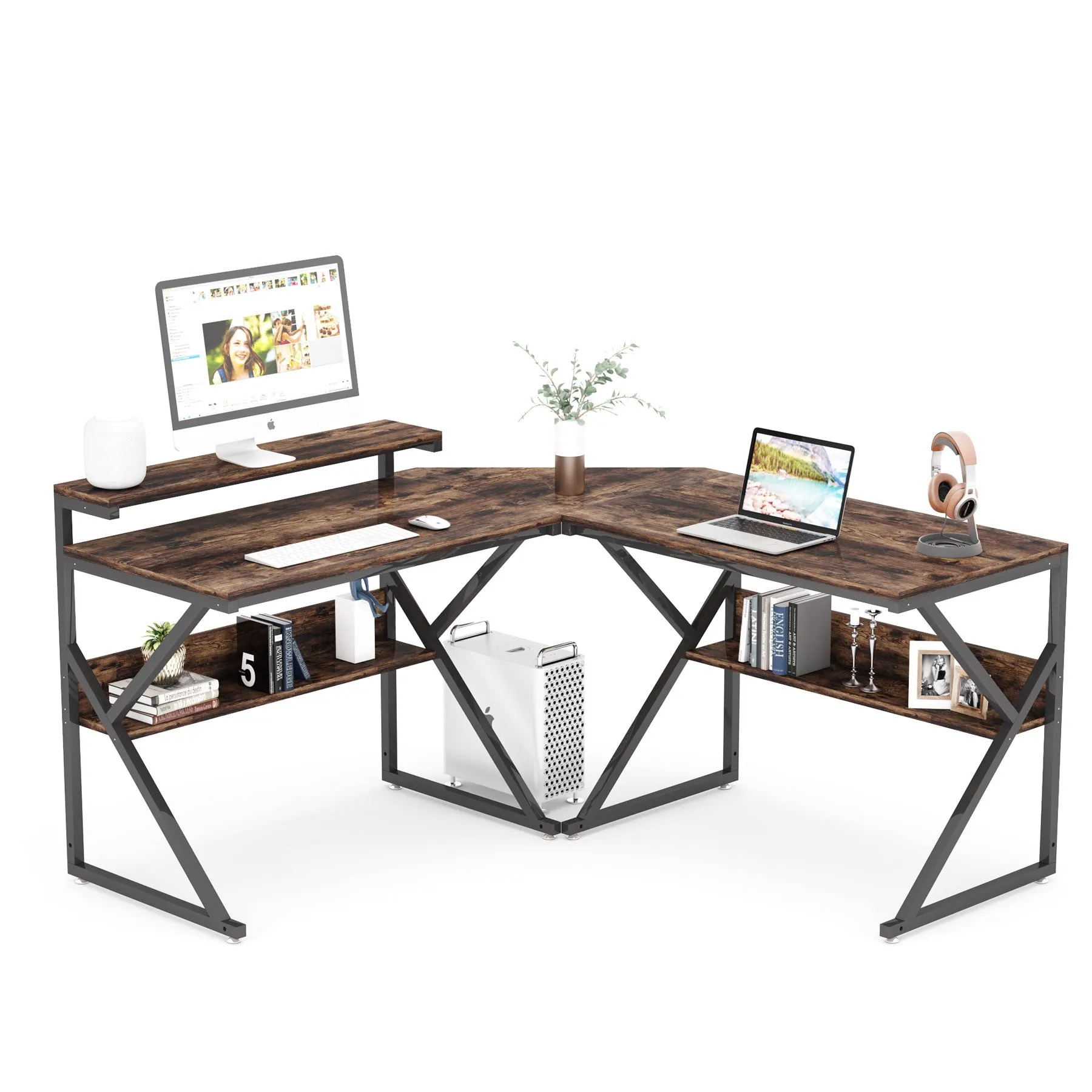 Industrial L-Shaped Desk, 63 inch Corner Computer Desk with Shelves